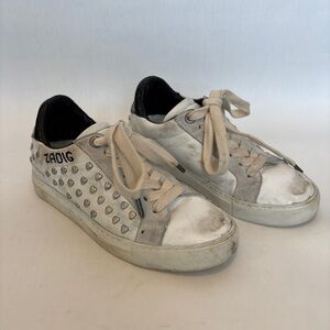 Zadig‎ & Voltaire womens white leather Heart Studded Sneakers distressed size 36